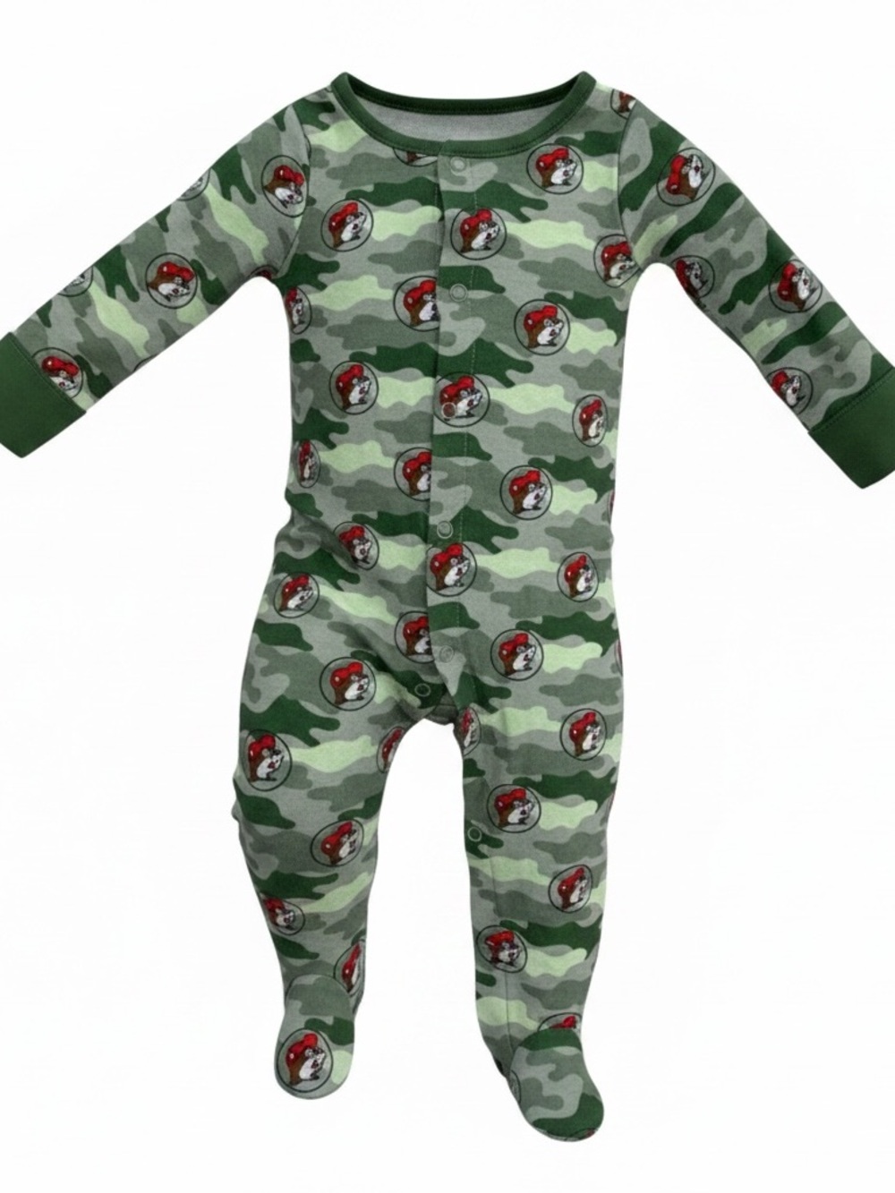 NWOT Buc-ees Logo Baby 6-9 Months Camo Pattern Green White Footie Pajamas Pjs